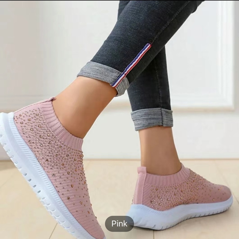 Women's Faux Rhinestone Decor Flat Sneakers, Breathable Slip On Socks Shoes